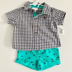 Cat & Jack Baby Gingham Black and White Onesie with Teal Shark Shorts